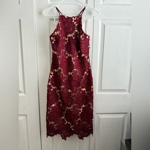 Lulus Temps De L'Amour Burgundy Lace Bodycon Midi Dress